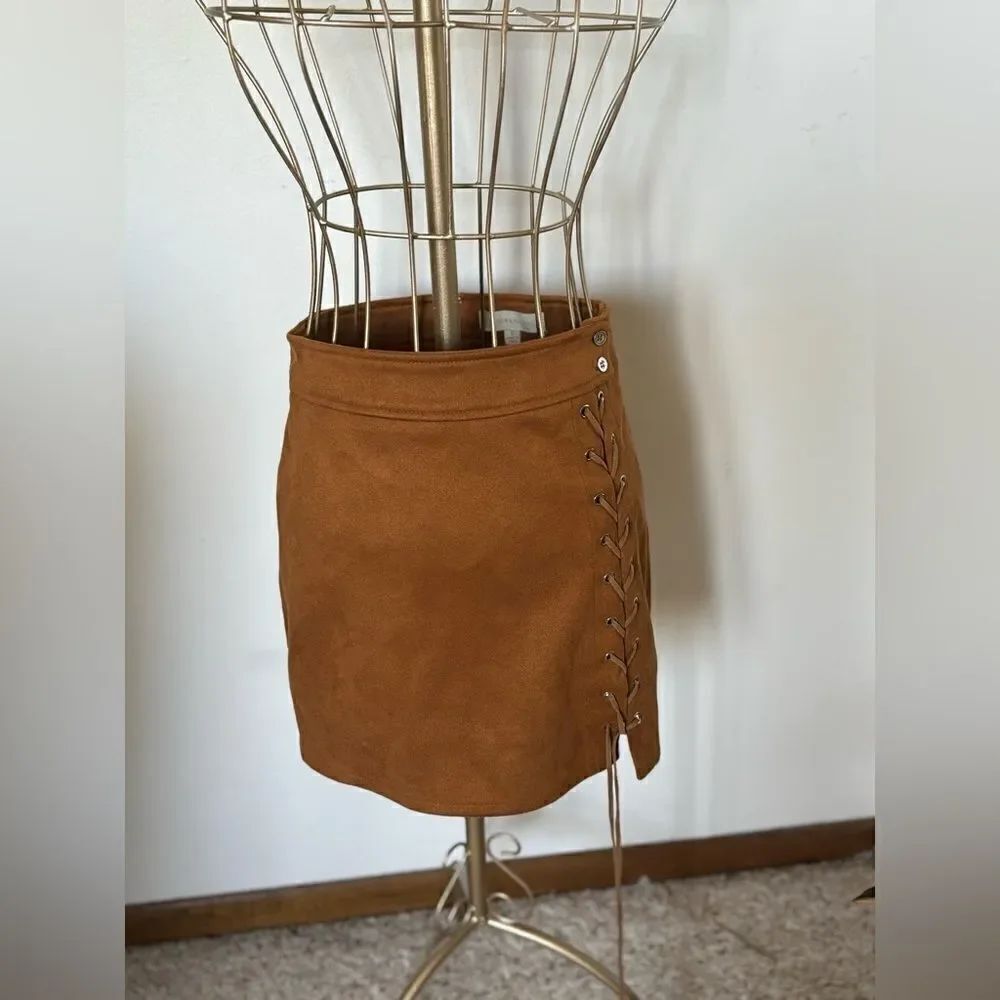 Dance & Marvel Faux Suede Lace Up Mini Skirt Tan Size Small